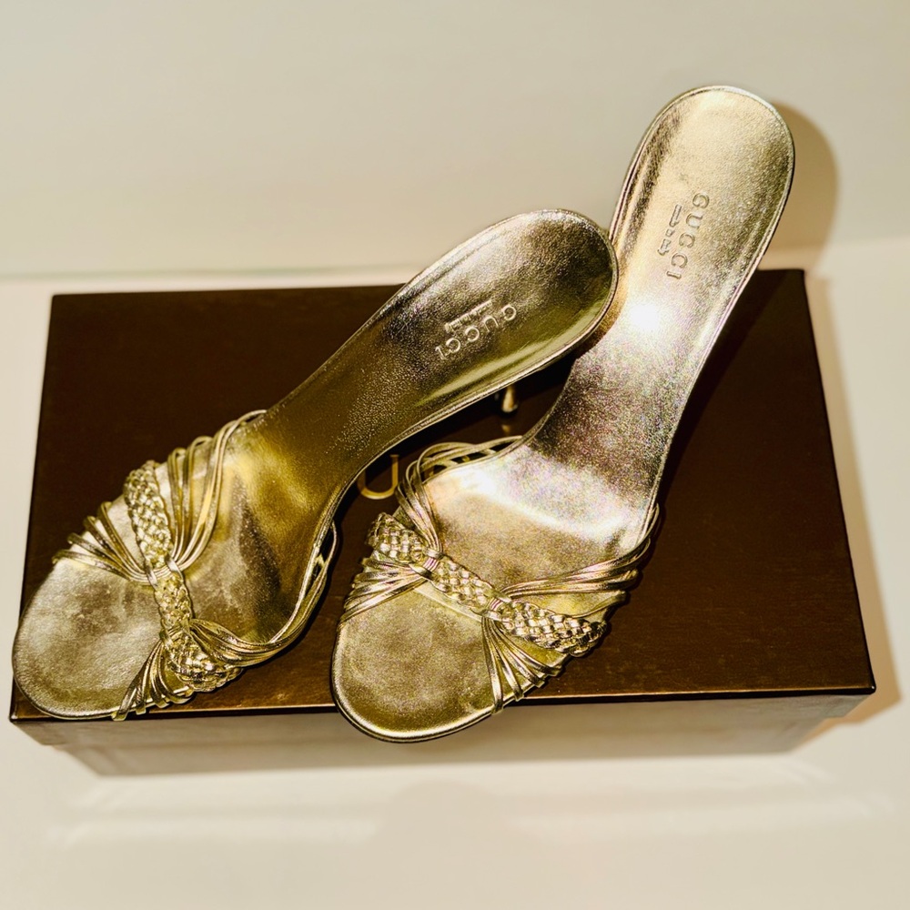 Gucci Metallic Gold Braided Strap Mule Heels Made in Italy w/ Box Size 9.5 - Picture 8 of 10